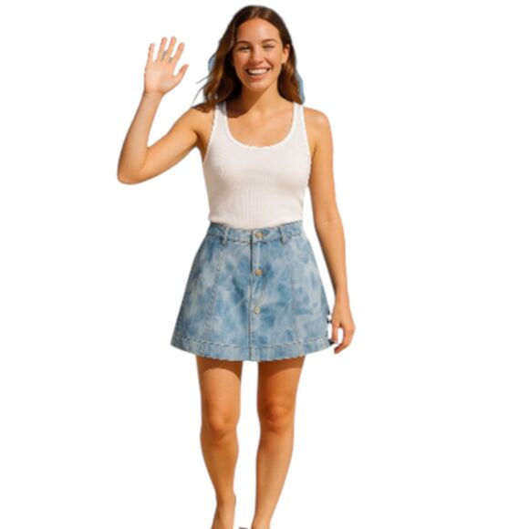 NEW POL Small Blue Denim Tie Dye Mini Skirt Silver Logo Buttons Casual Beach - Picture 1 of 16